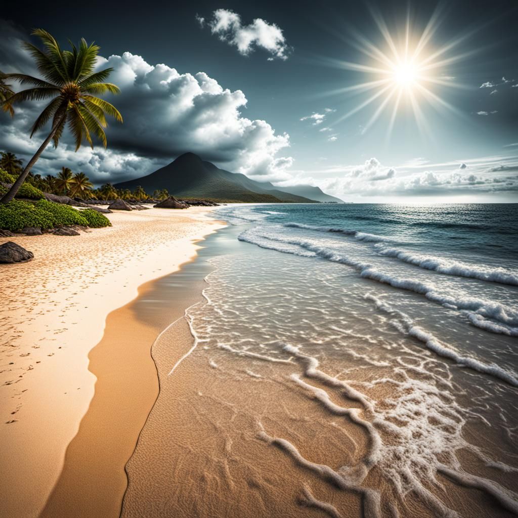 Hyperrealistic Tropical Beach Scene with Sunbathers