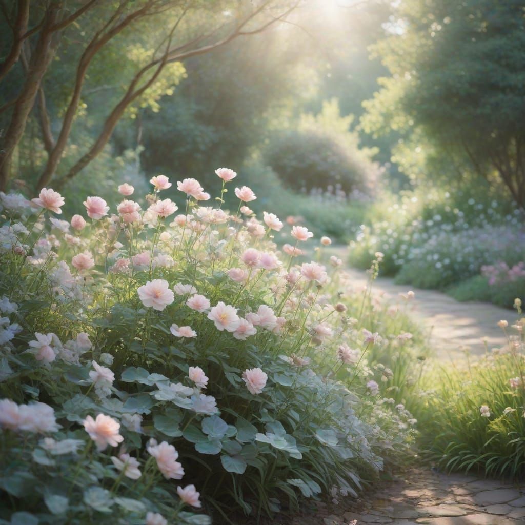 Ethereal Garden Scene in Soft Pastel Hues