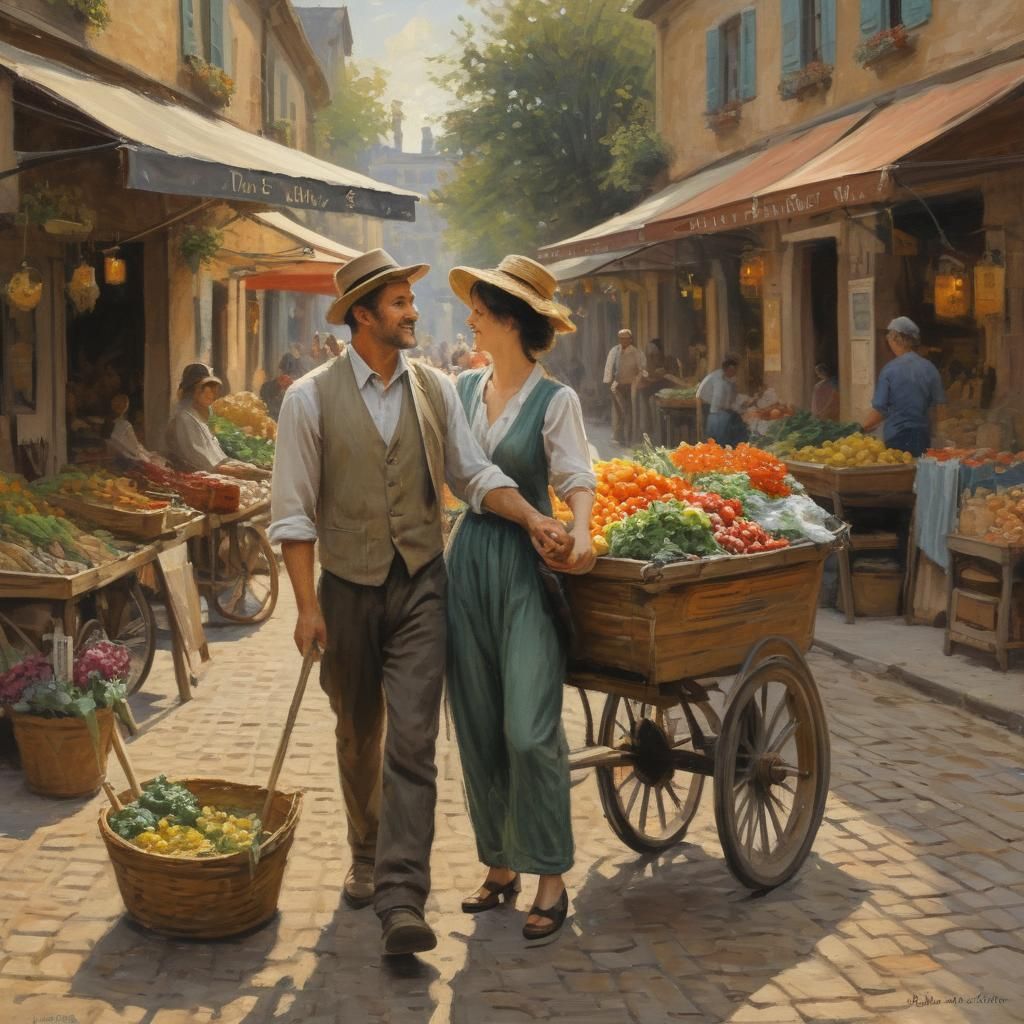 Charming Couple Embracing Life: An Impressionist Market Scen...