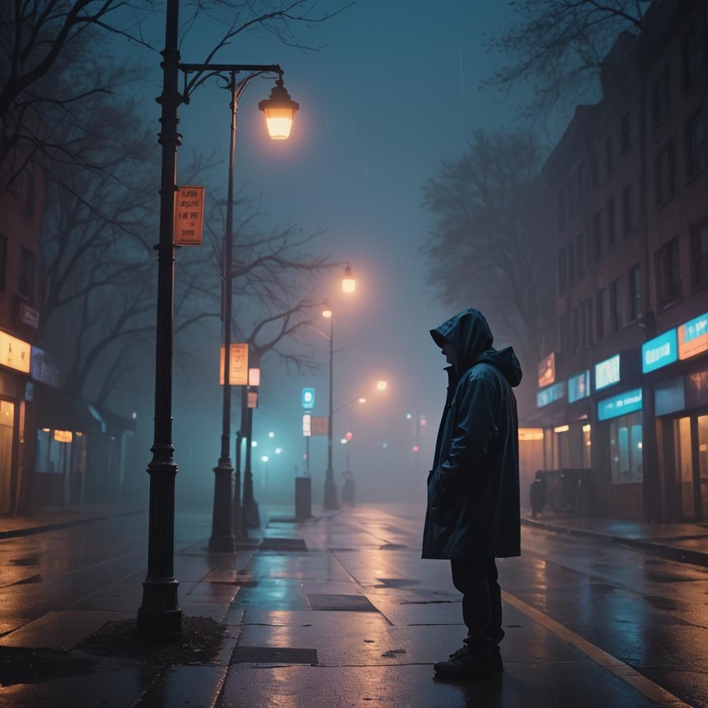 A rainy night in a modern city, with neon lights reflecting off the wet streets. A lone figure stands under a streetlamp...
