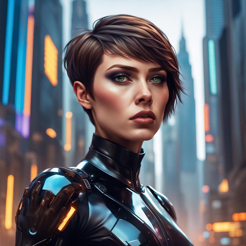 Badass Woman in Cyberpunk City, Digital Art