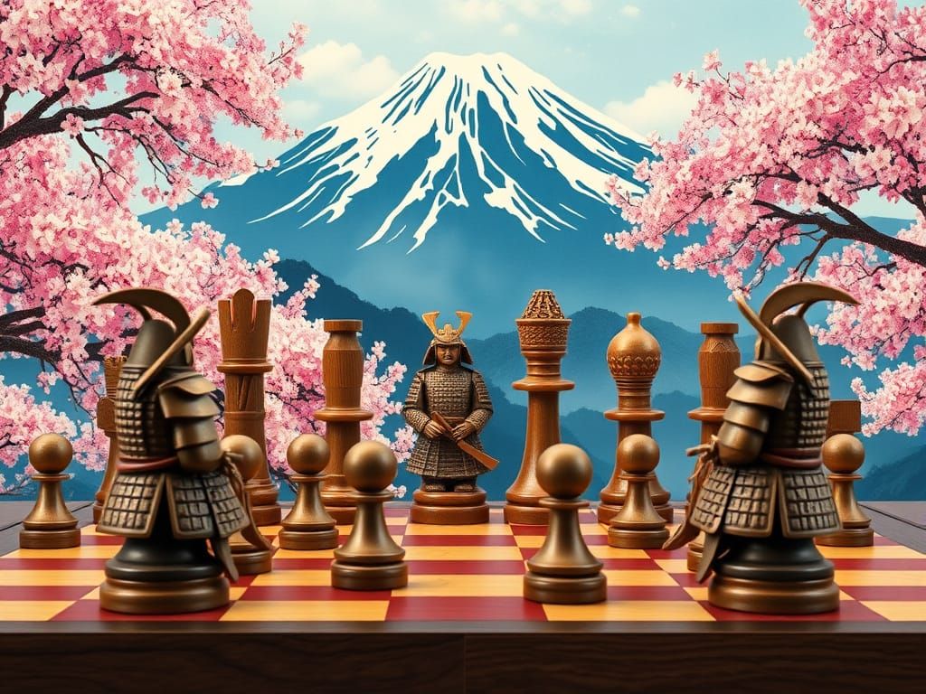 Feudal Japan Chess Set in Ukiyo-e Style
