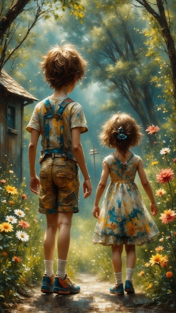 Toddlers Race Toy Cars in Surreal Garden