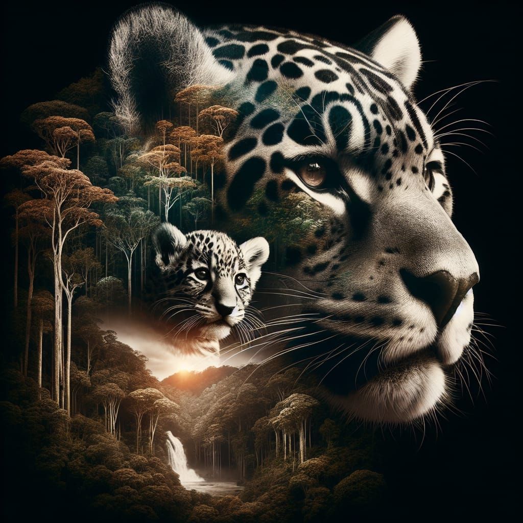 Jaguar Double Exposure: Forest Silhouette in 32k UHD