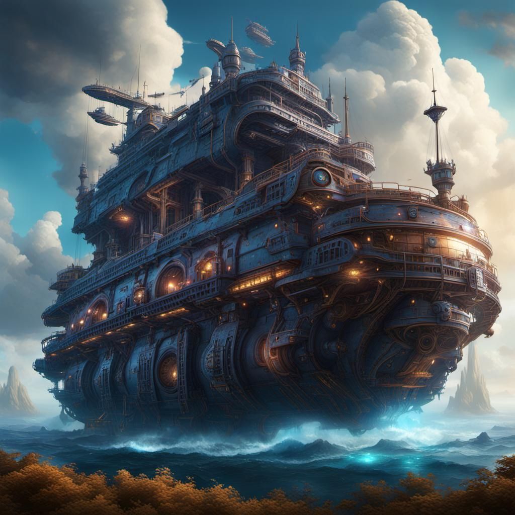 Fantastical Reverse Gravity Ship in Detailed Matte Painting