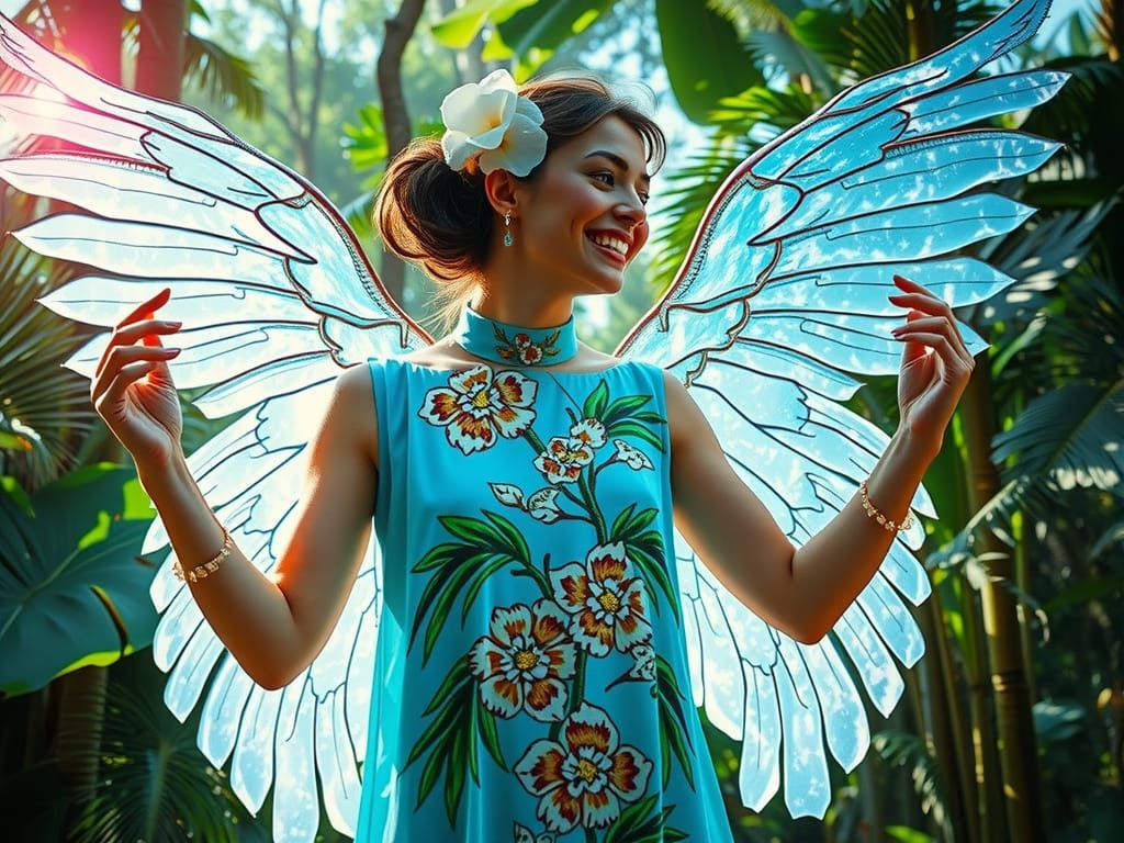 Ethereal Hawaiian Forest Goddess in Art Deco Splendor