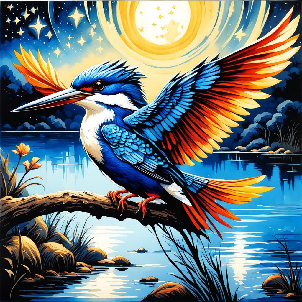 Bioluminescent Kingfisher Bird in High Gothic Watercolor