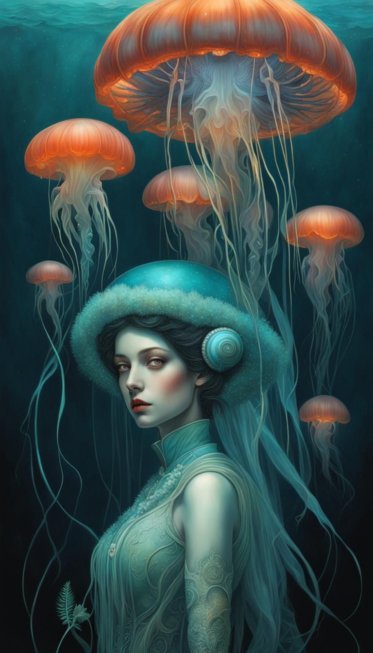 Surreal Bioluminescent Goddess with a Glowing Plant Crown, i...