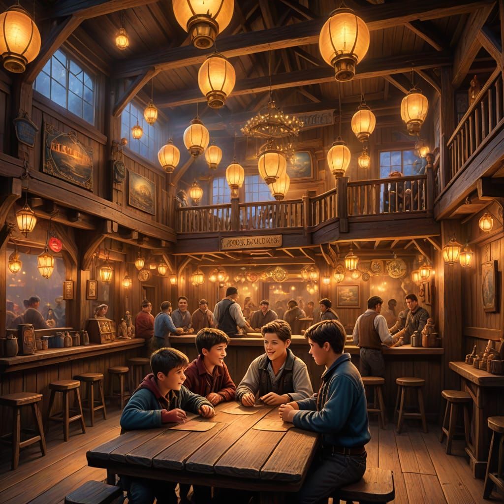 Boys in Malamute Saloon: Ethereal Fantasy Scene