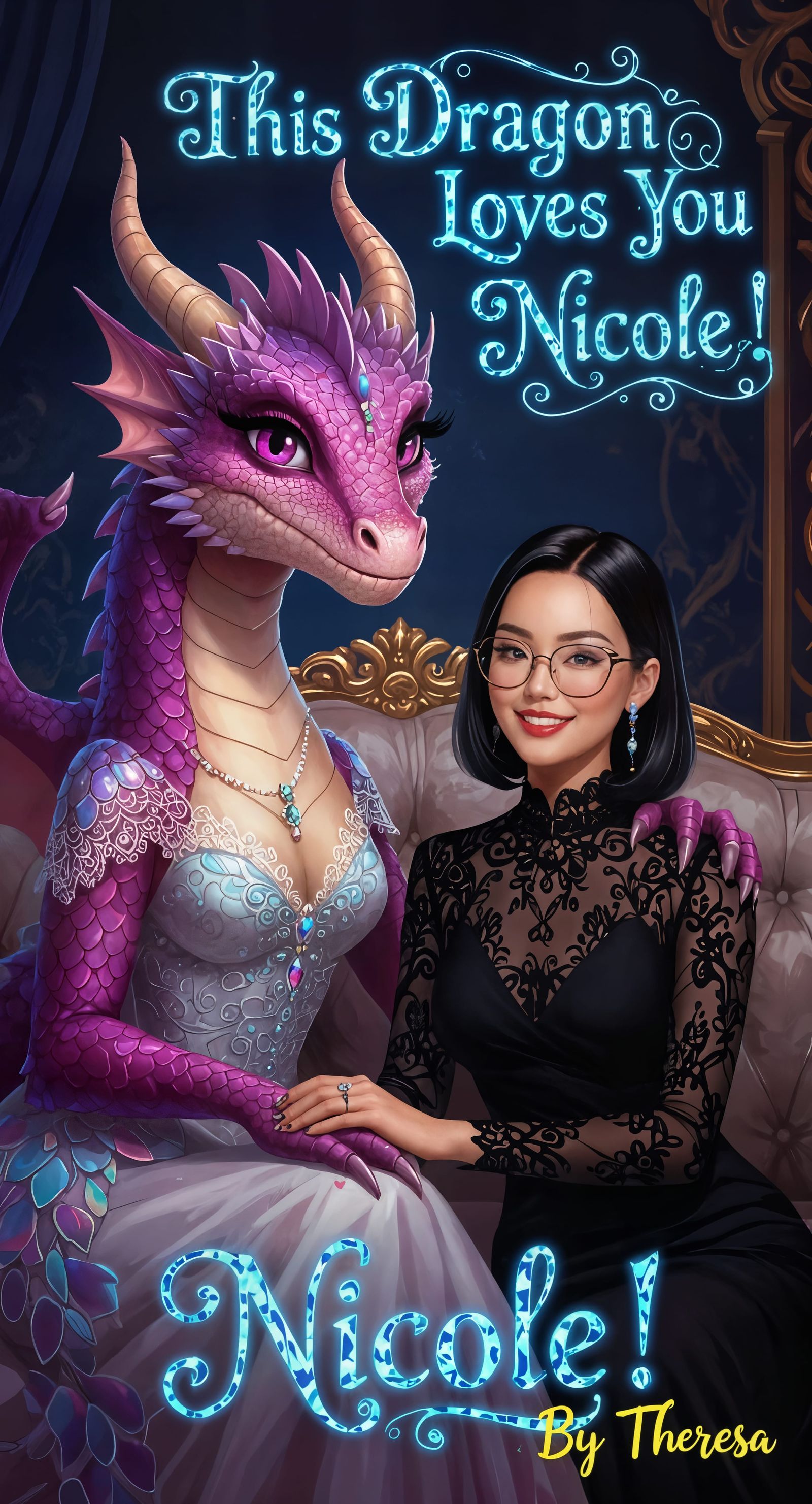 Magenta Dragon with Human Companion and Glowing Text