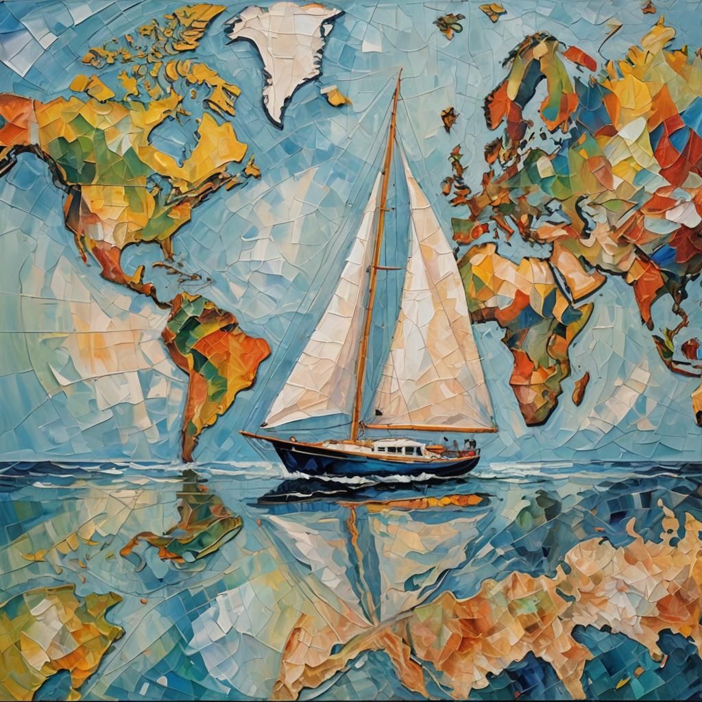 Sailboat and World Map in Expressionist Oil Painting
