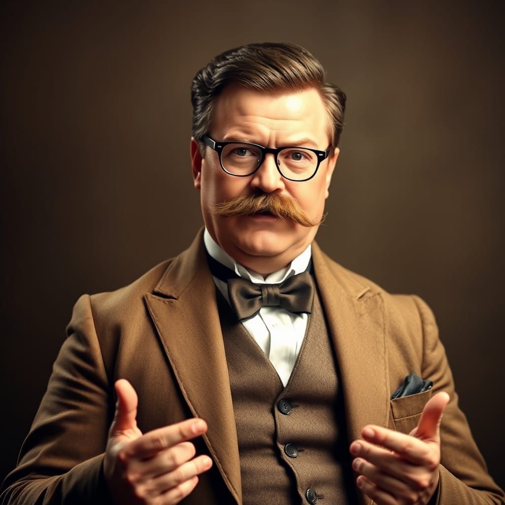 Nick Offerman as Theodore Roosevelt presents a striking visual representation of the historical figure. He sports a robu...
