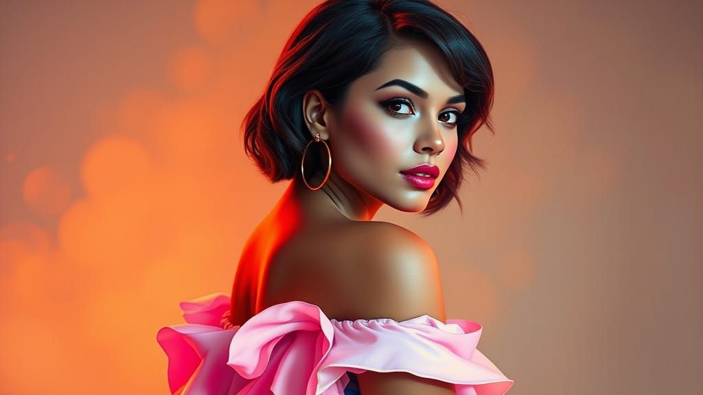 Surreal Woman in Neon Waves, Oil Painting in Vivid Colors