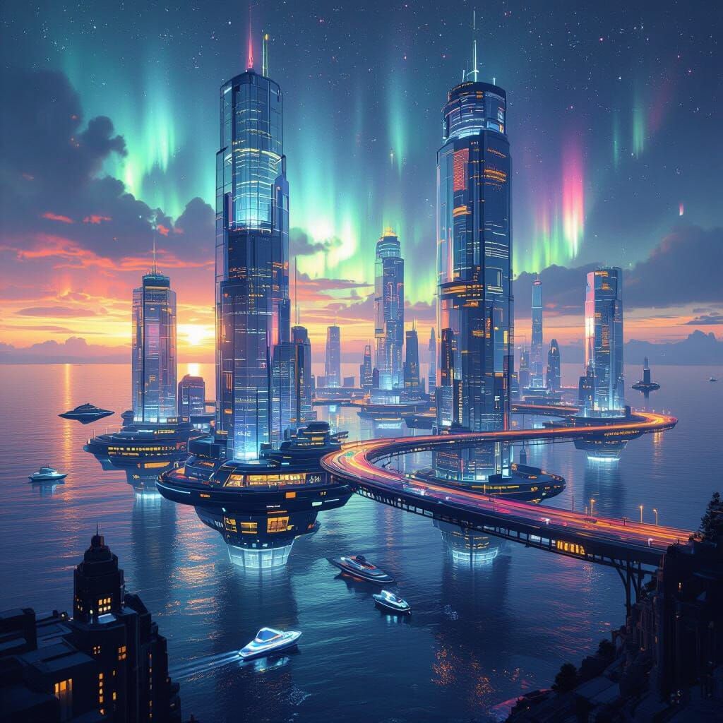 Futuristic Floating City with Auroras in 8K