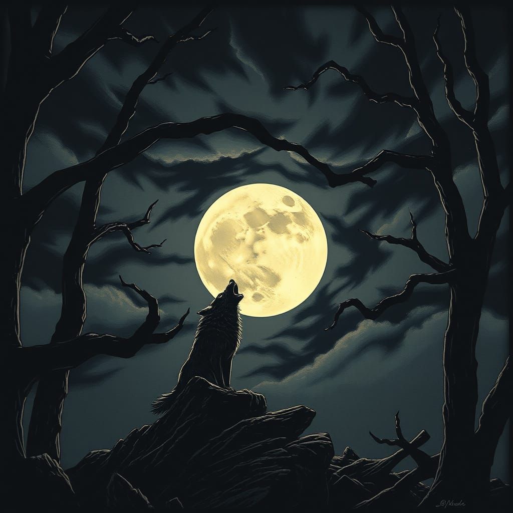 Lone Wolf Howling at Stormy Full Moon