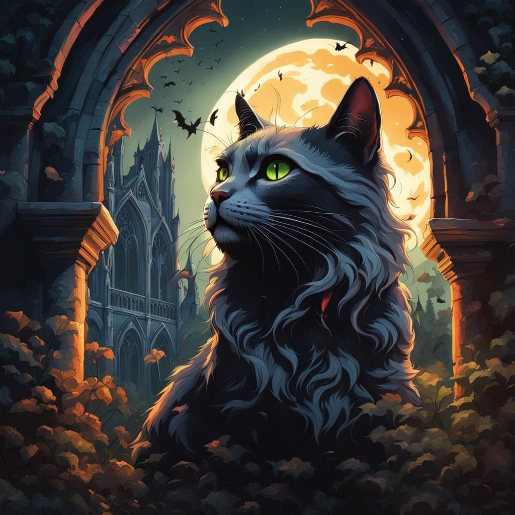 Vampire Cat in Gothic Abbey by Moonlight