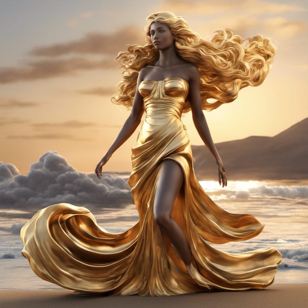 Venus Arriving at Shore: 3D Render in Golden Hour