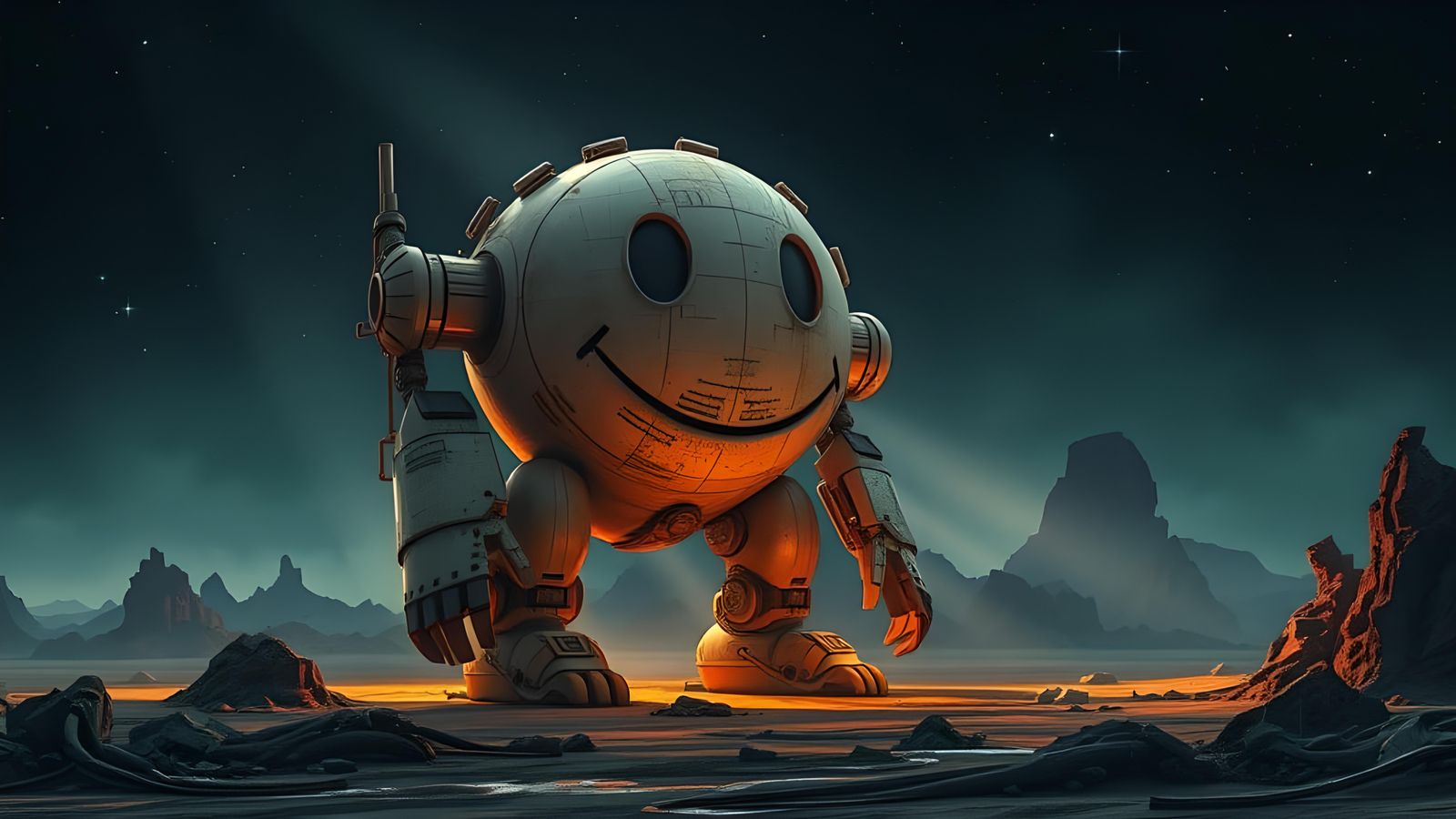 Dystopian Robot Smiley Face in Sci-Fi Style