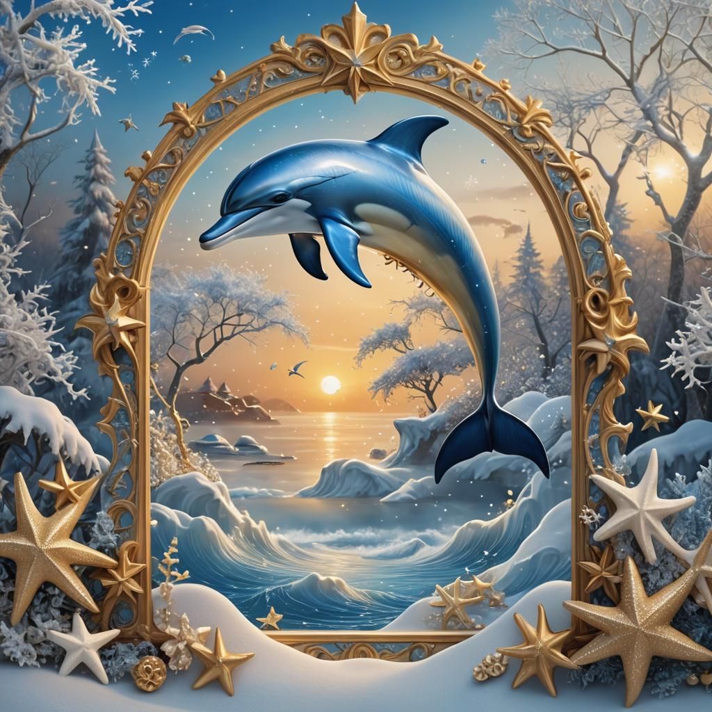 Majestic Dolphin Leaps in Winter Wonderland: Fantasy Art