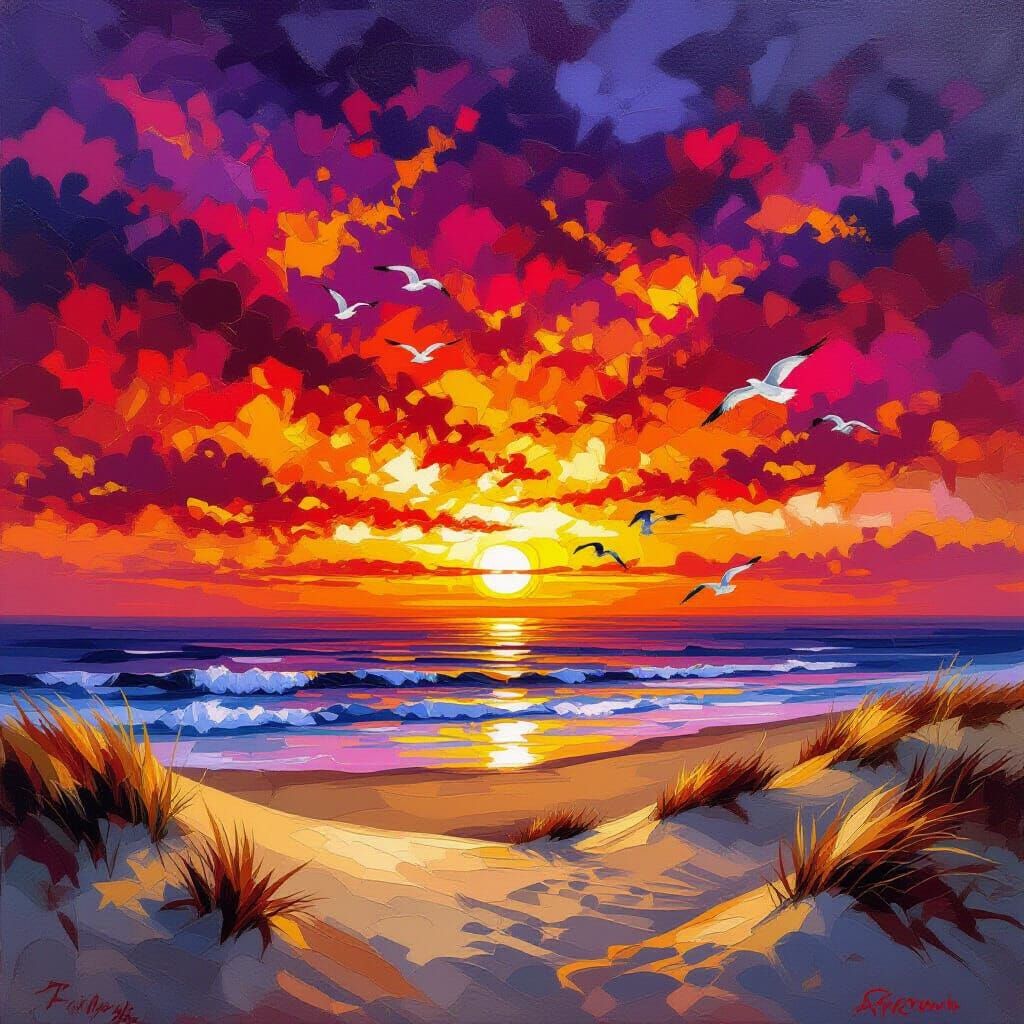 Sunset Over Sea with Seagulls in Heavy Impasto Style