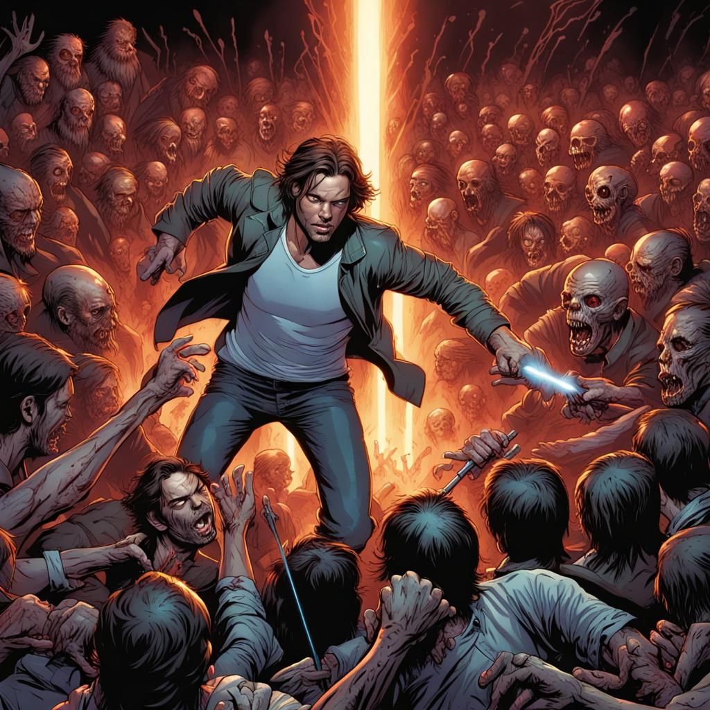 Comic Book Art: Man with Laser Eyes vs Zombies