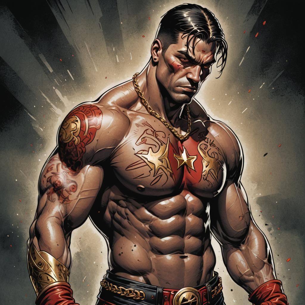 Wrestler with Scar in Comic Book Style