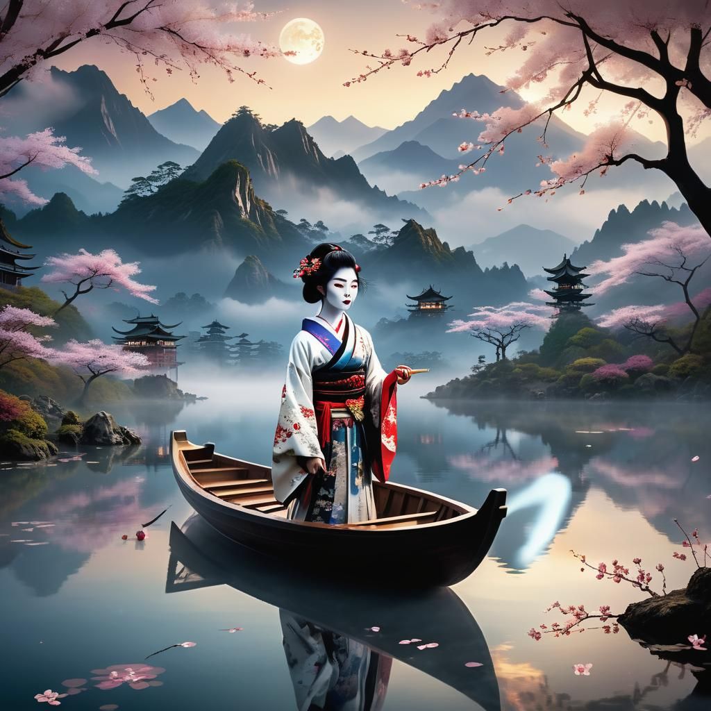 Geisha in Boat on Misty Lake, Ghibli-esque