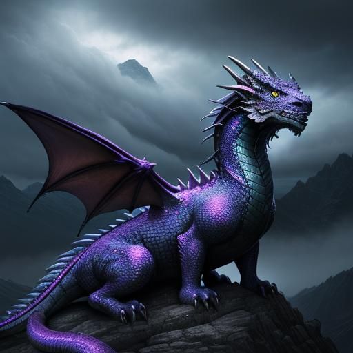 Violet Dragon and Striped Cat Soaring Through Stormy Sky