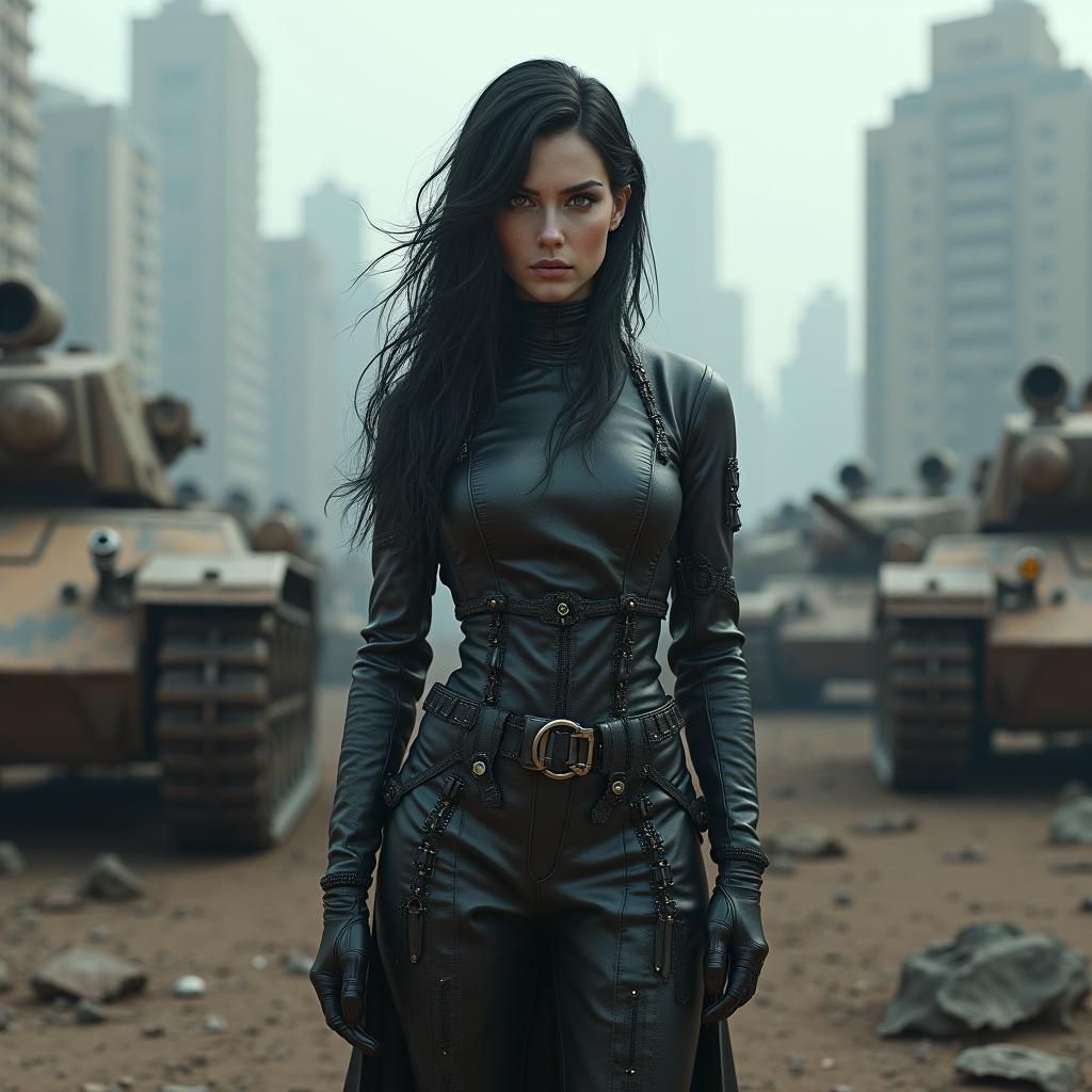 Futuristic Cityscape with Woman in Leather, Anime Style