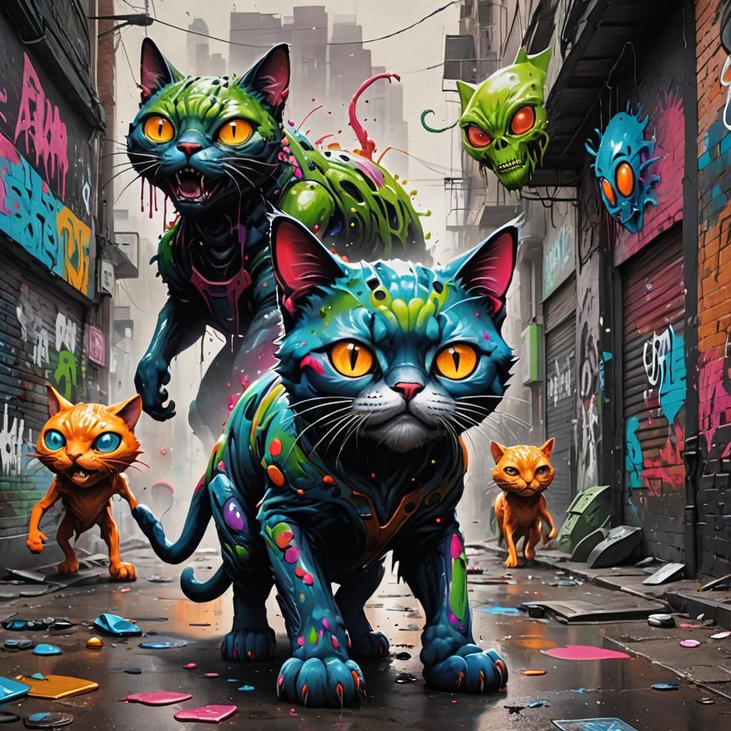 Psychedelic Giant Cat and Aliens in Graffiti Art
