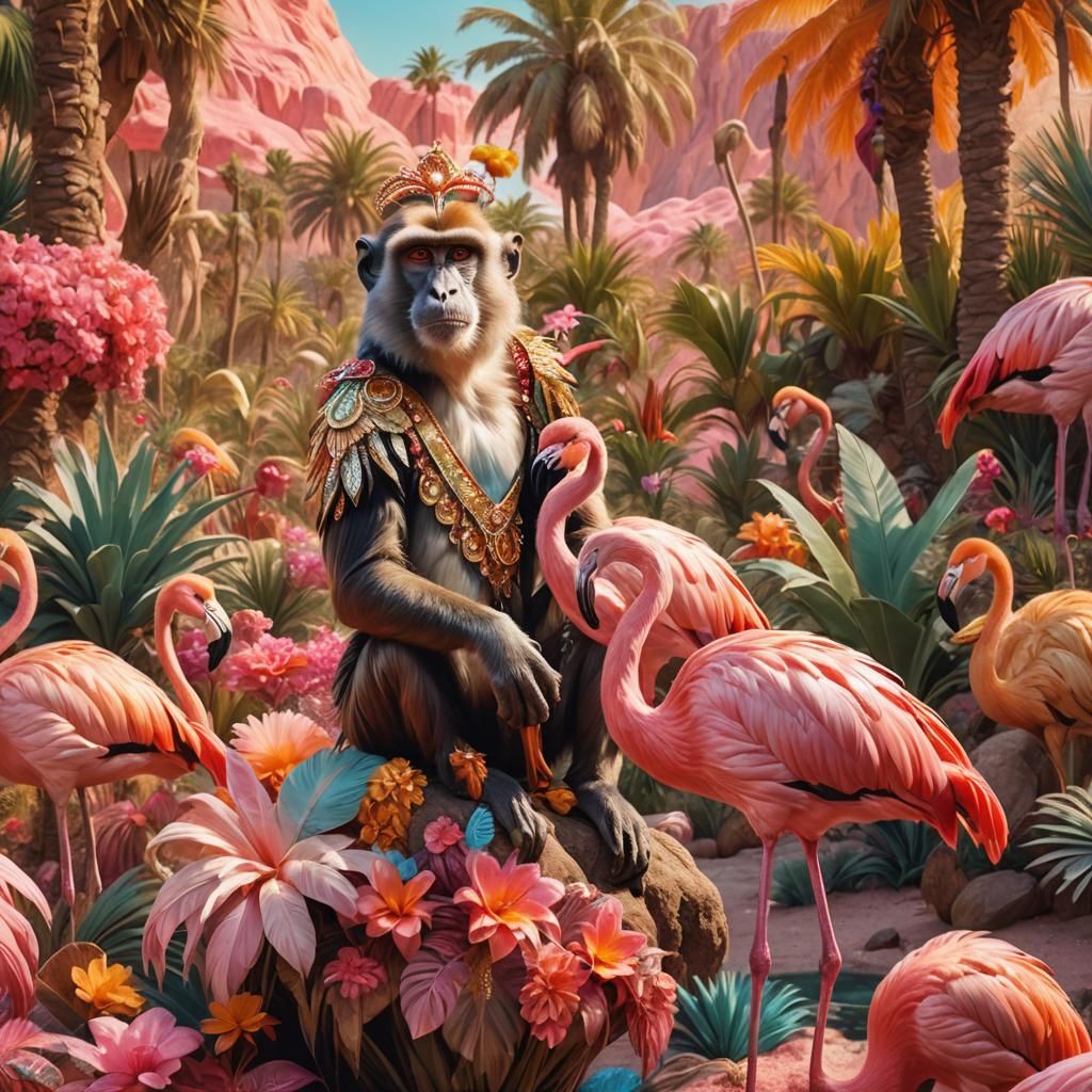 Monkey Rides Flamingo in Desert Oasis, Digital Painting