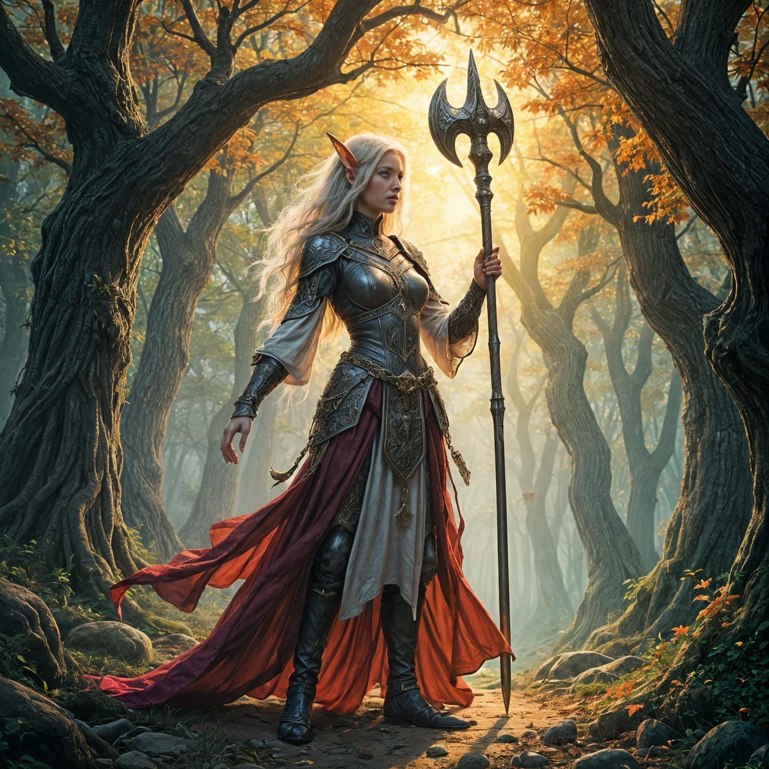 Elven Cleric Ready to Strike in Magical Forest