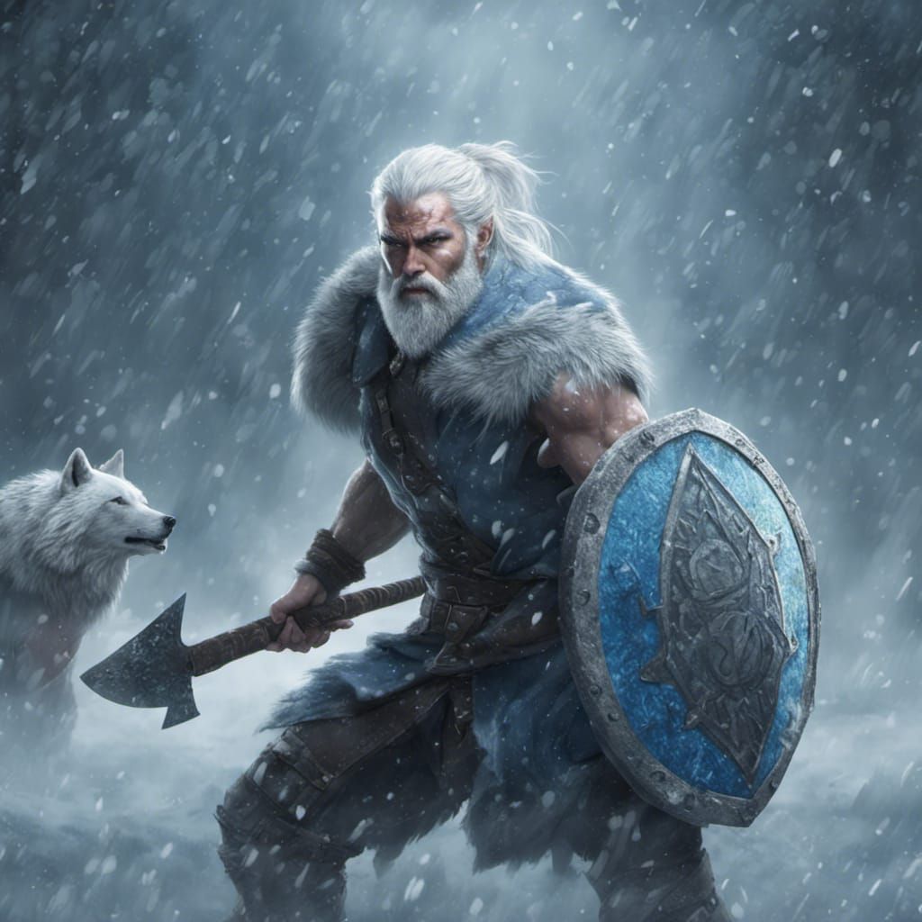 Rune Knight Battles Wolves in Snowstorm