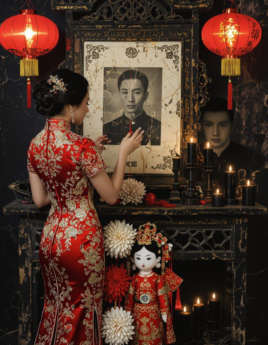 Woman in Red Cheongsam at Vintage Altar