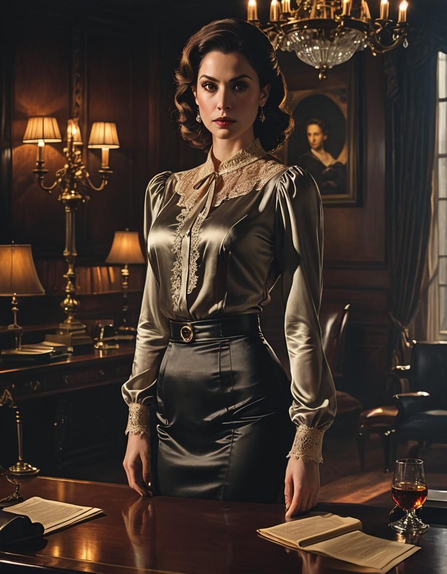 Elegant Woman in Dimly Lit Boardroom, Chiaroscuro Style