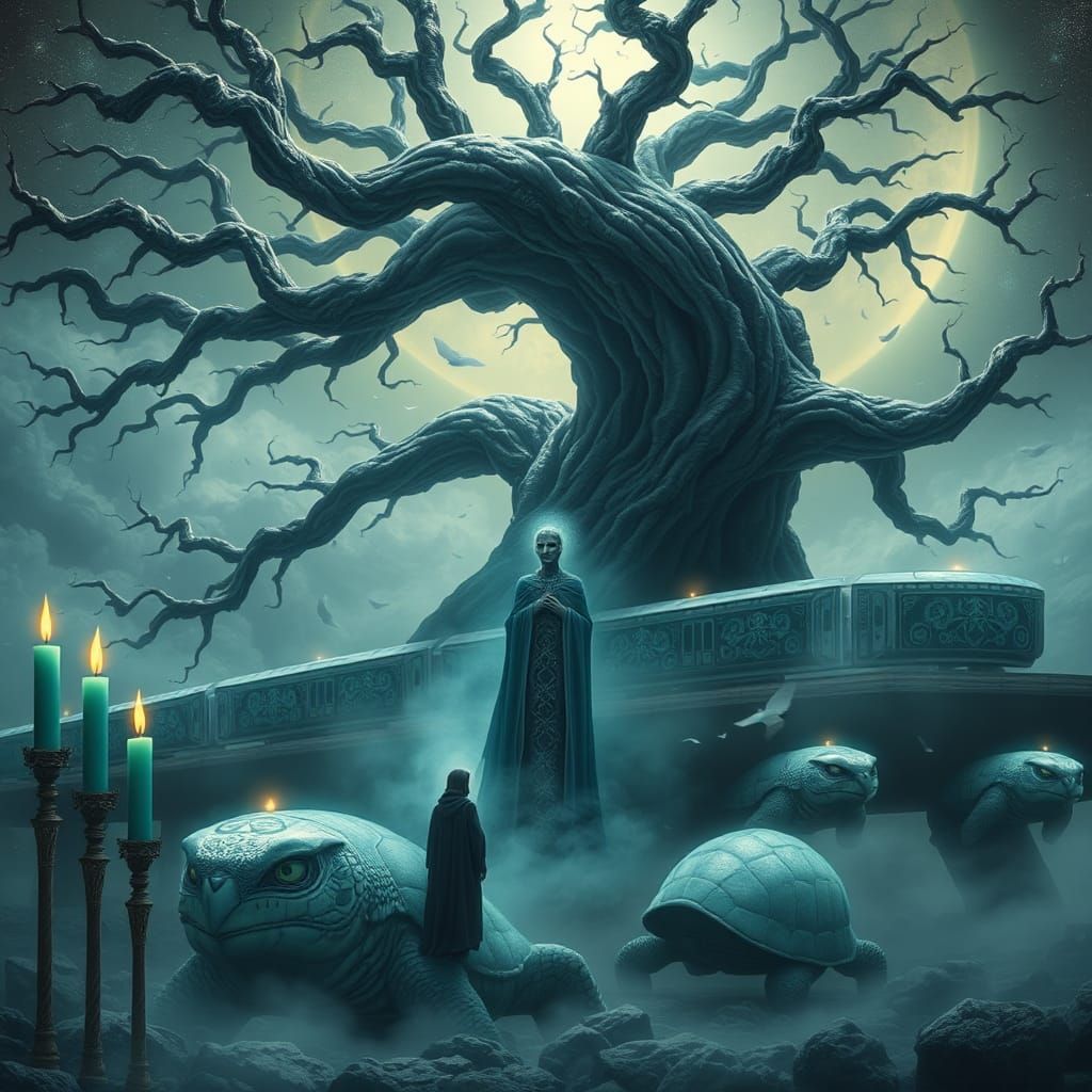 Mystical Being Under Celestial Tree: Surreal Dreamscape