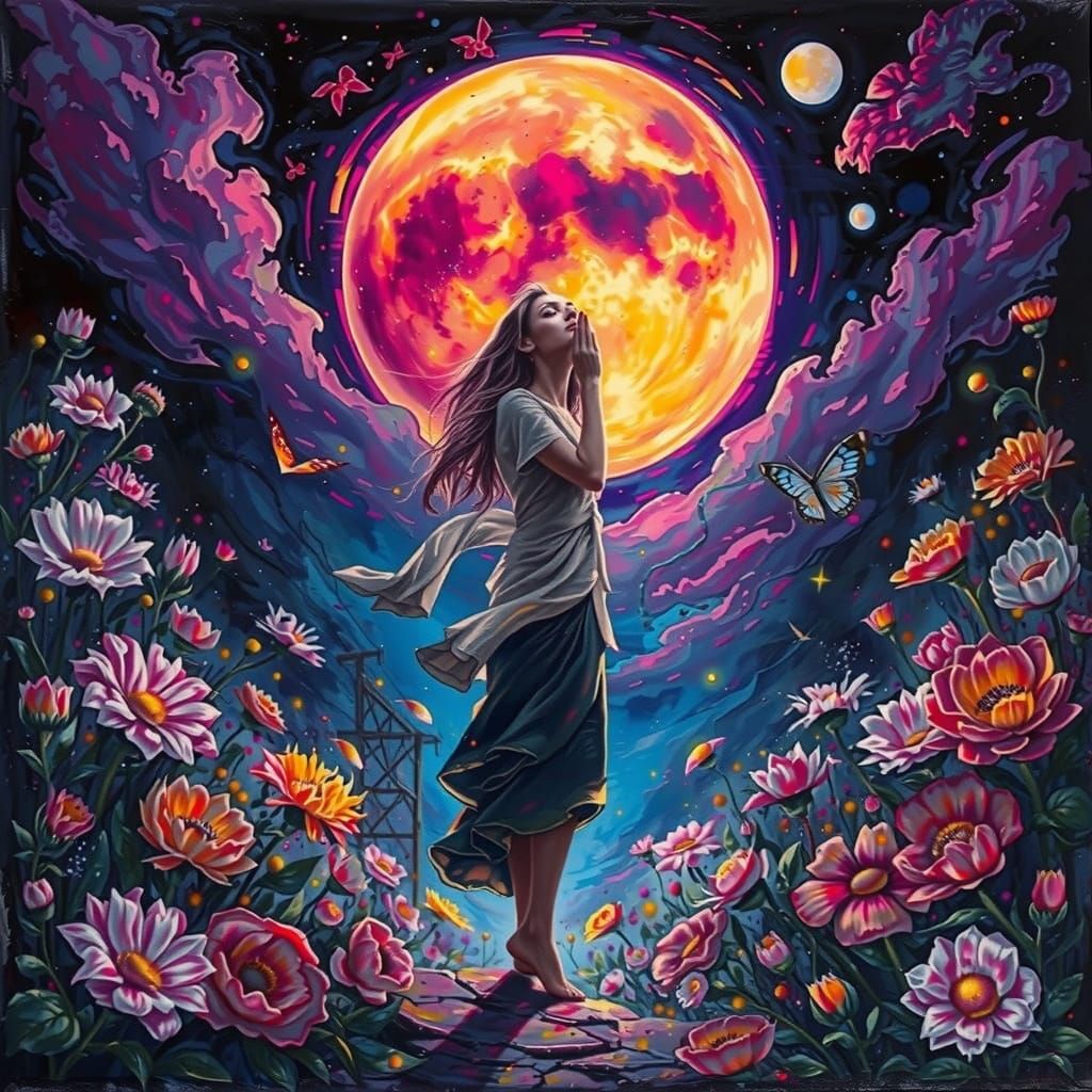 Woman Worshipping Sun in Surreal Impasto Landscape