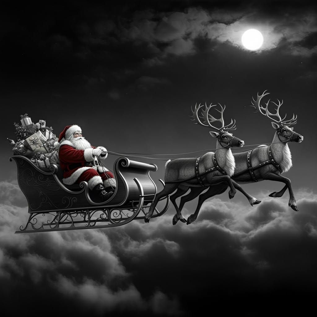 Santa's Sleigh in High-Contrast Black and White