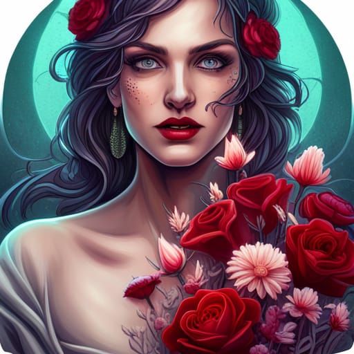 Gothic Bouquet of Crimson Roses in Hyperdetailed Portrait