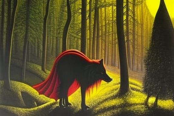Little Red Riding Hood in Dark Forest: Crayon Art