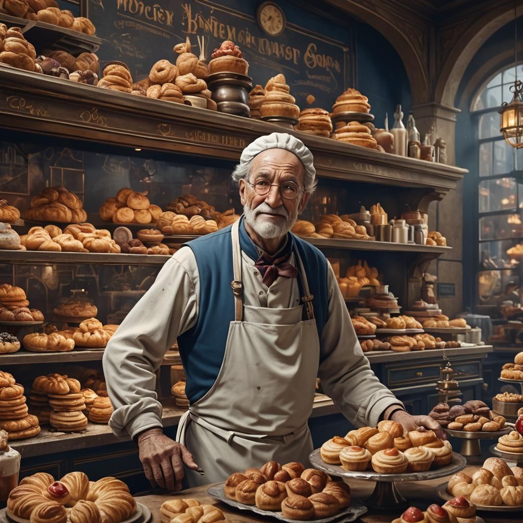 Charming French Pastry Shop with Happy Baker