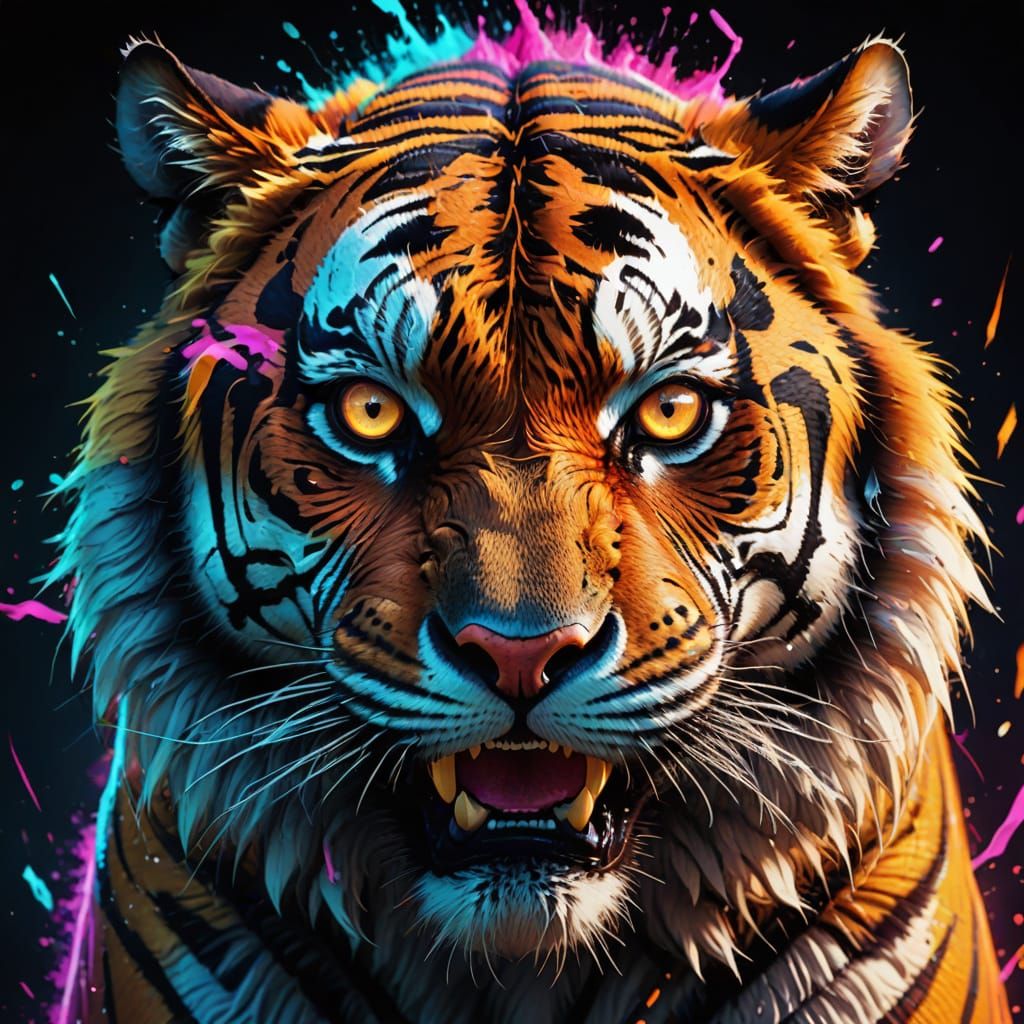 Vibrant Tiger Portrait in Neon Colors