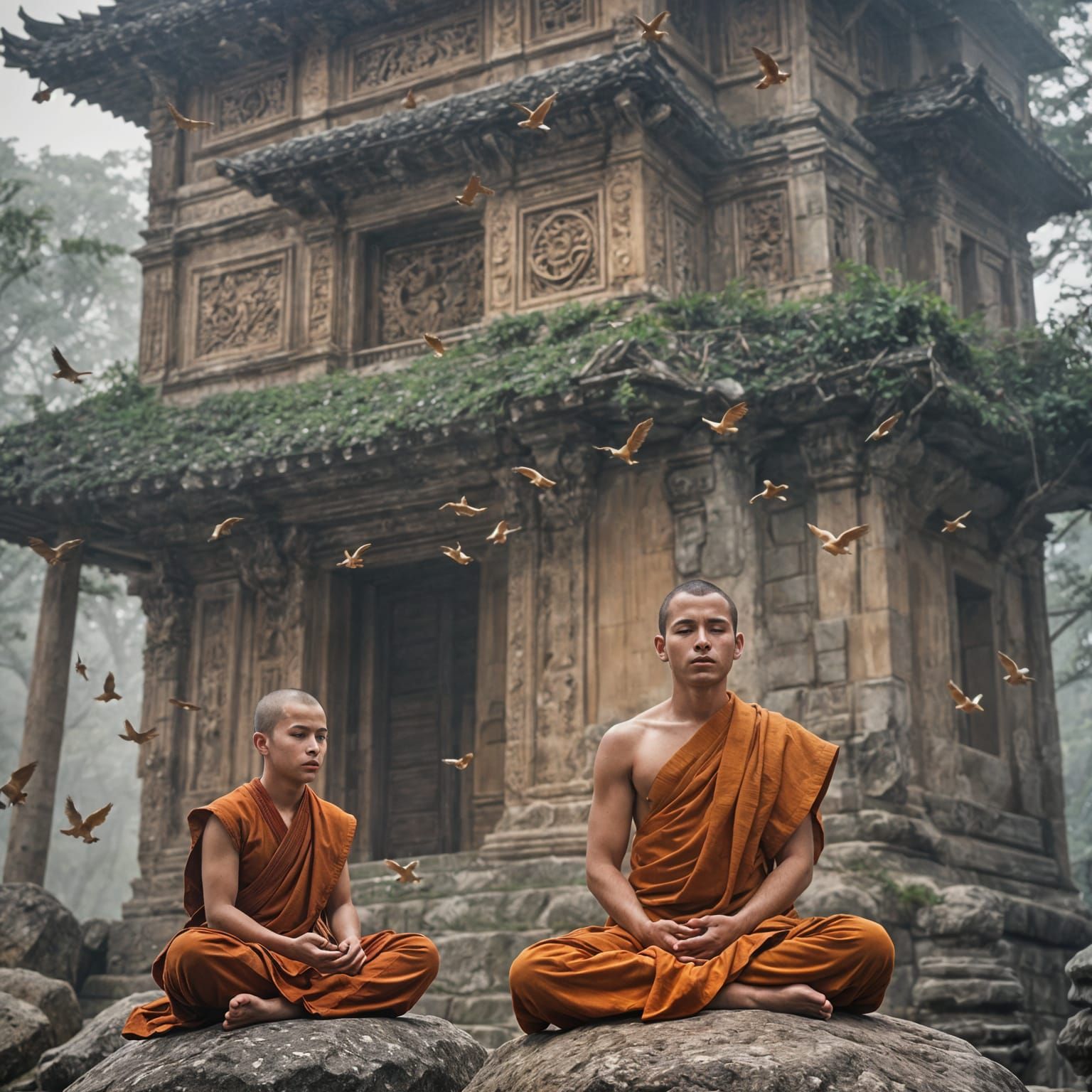 Child Monk Meditating Near Temple, Professional Portrait