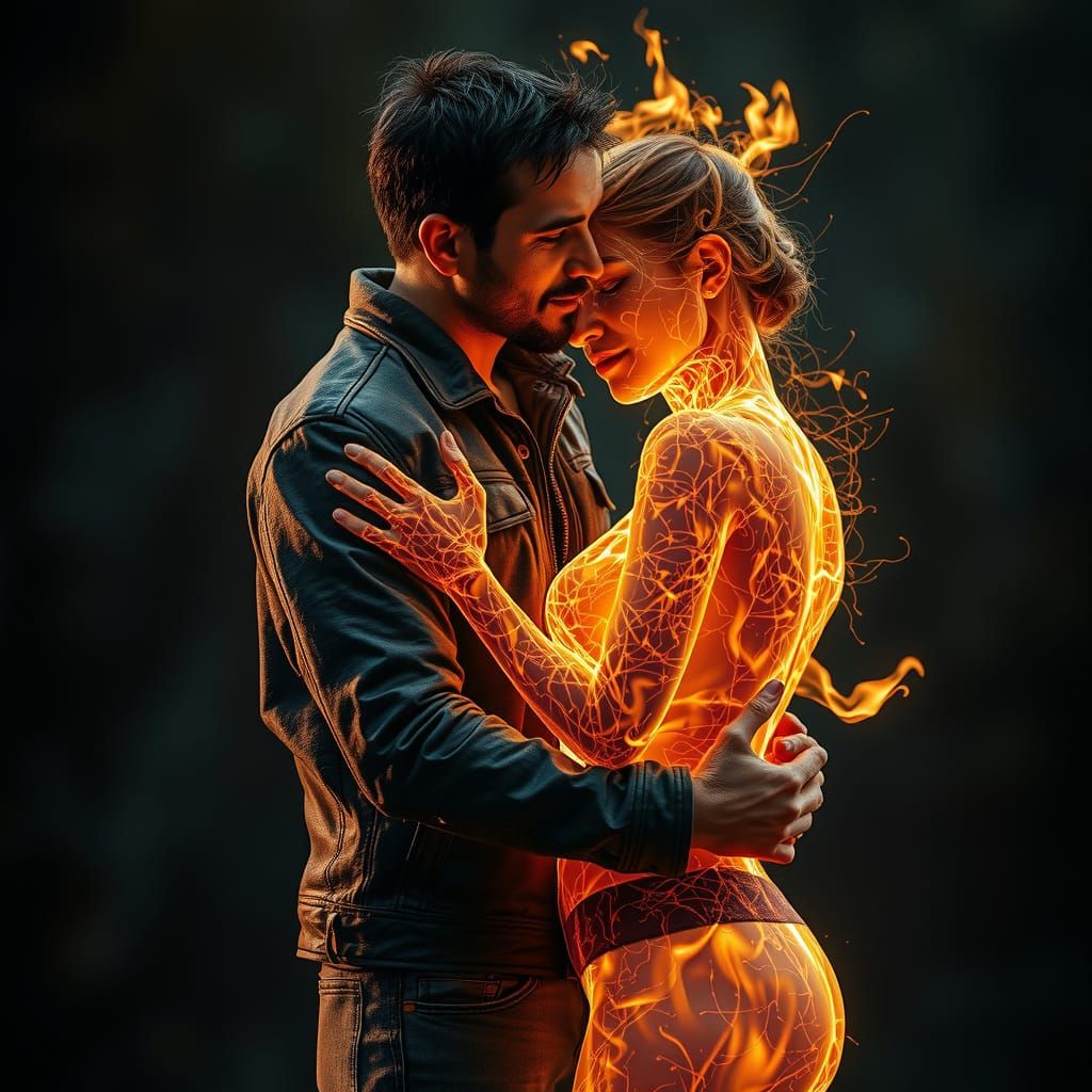 Ethereal Embrace: Man and Woman of Translucent Flames
