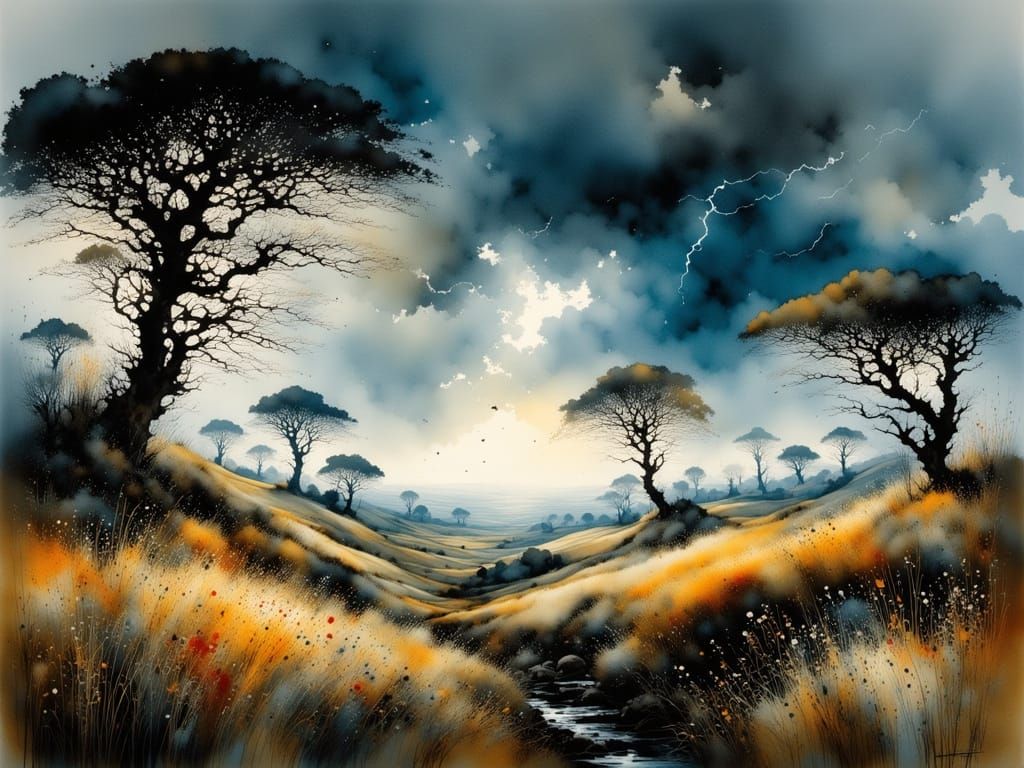 Dramatic Oil Painting of Summer Storm Brewing Over Ancient T...