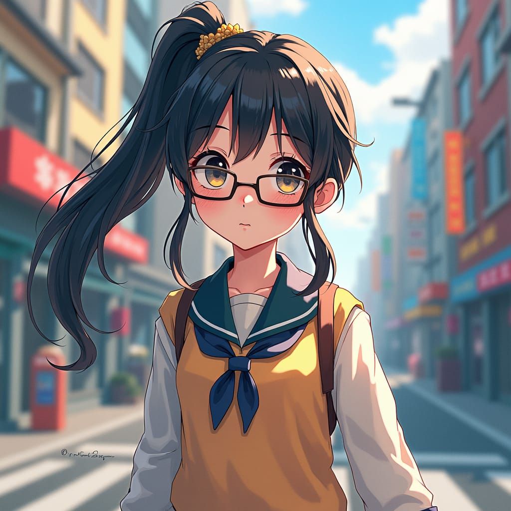 Anime Girl in Cityscape: Digital Watercolor Style