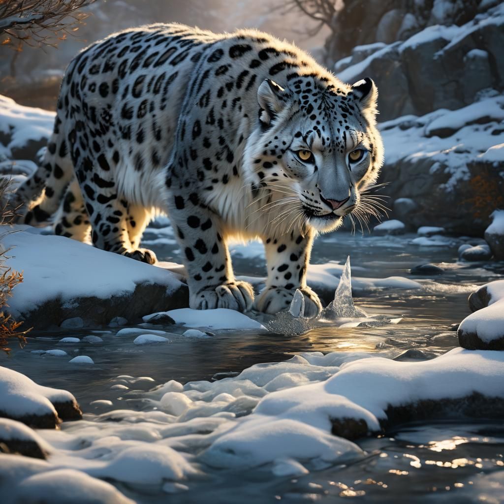 Snow Leopard Drinking: Fantasy Concept Art