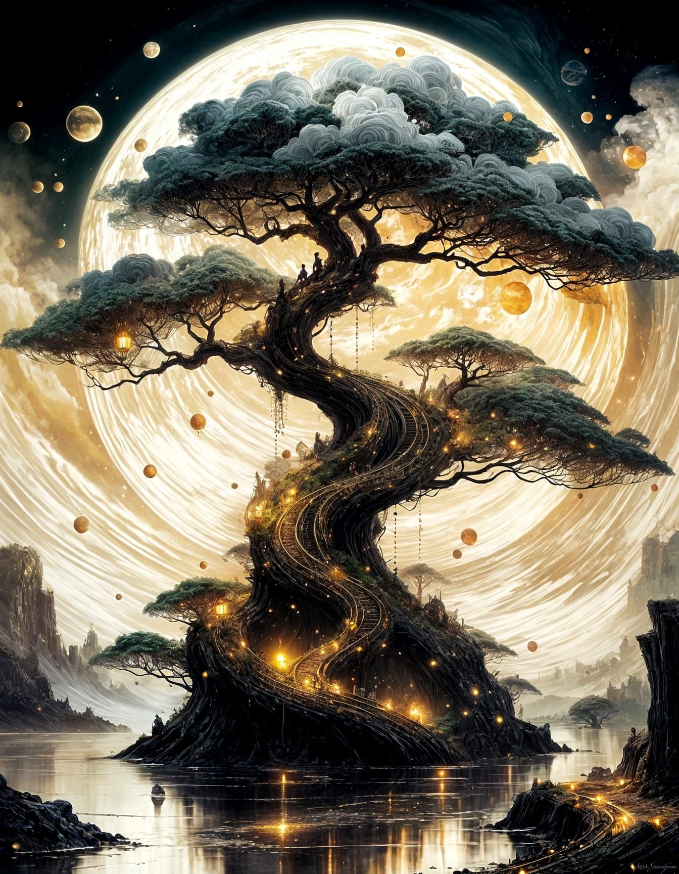 Golden Beach Eclipse with Misty Moonlight