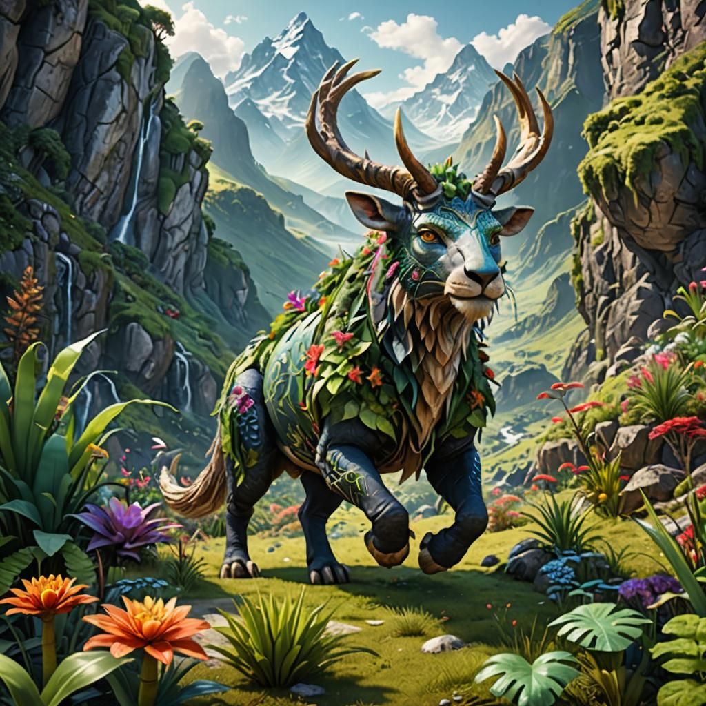 Fantastic Composite Creature in Exotic Valley, 3D Render