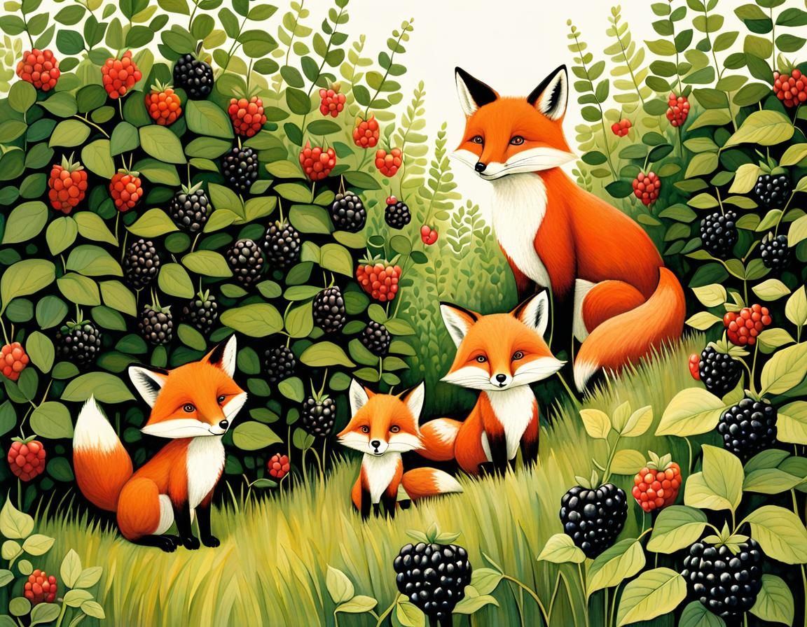 Fox Family at Blackberry Hedge, Illustrated Style